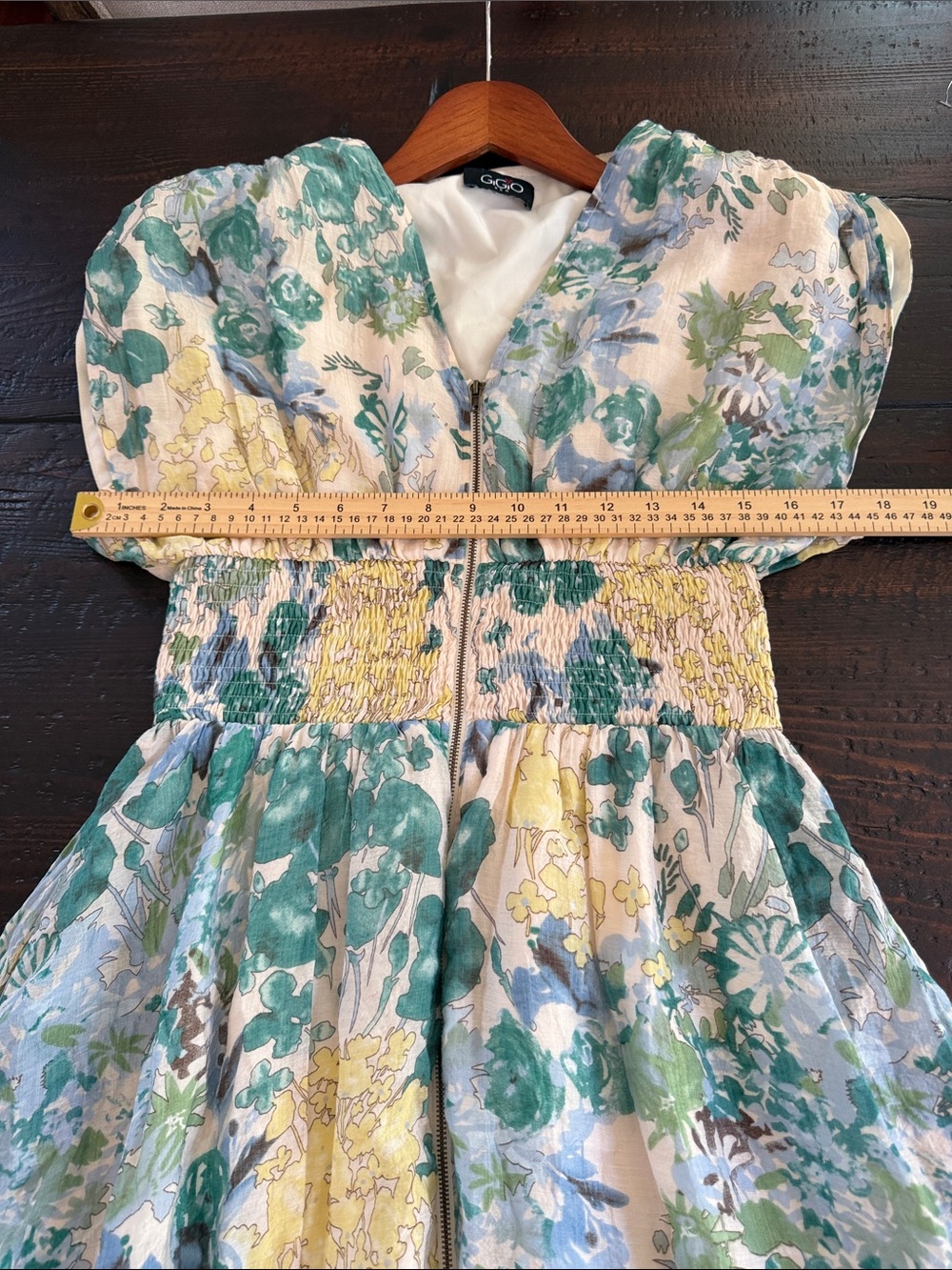 Gigio USA Floral Midi Dress Smocked Waist Zip Front Blue Green Medium - Picture 9 of 14